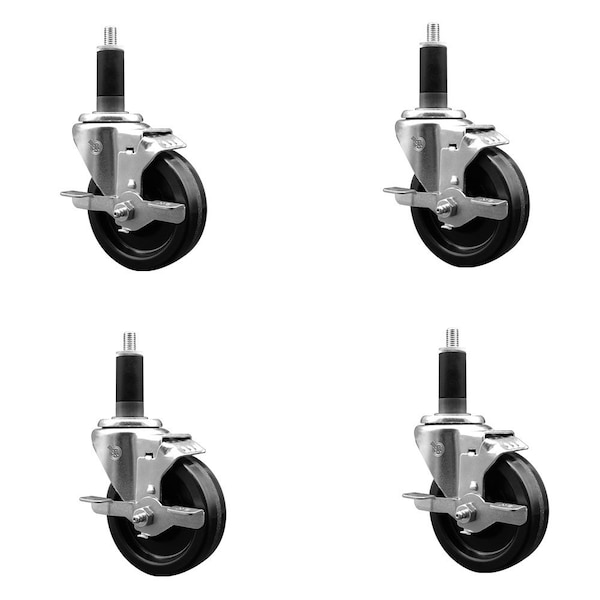 4'' Phenolic Swivel 1-1/8'' Expanding Stem Caster Set with Brake, 4PK